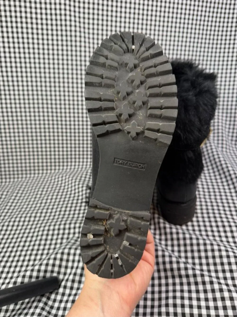 Tory Burch Joni Fur Cuff Moto Boots Womens 7M Black Leather Buckle Apres Ski